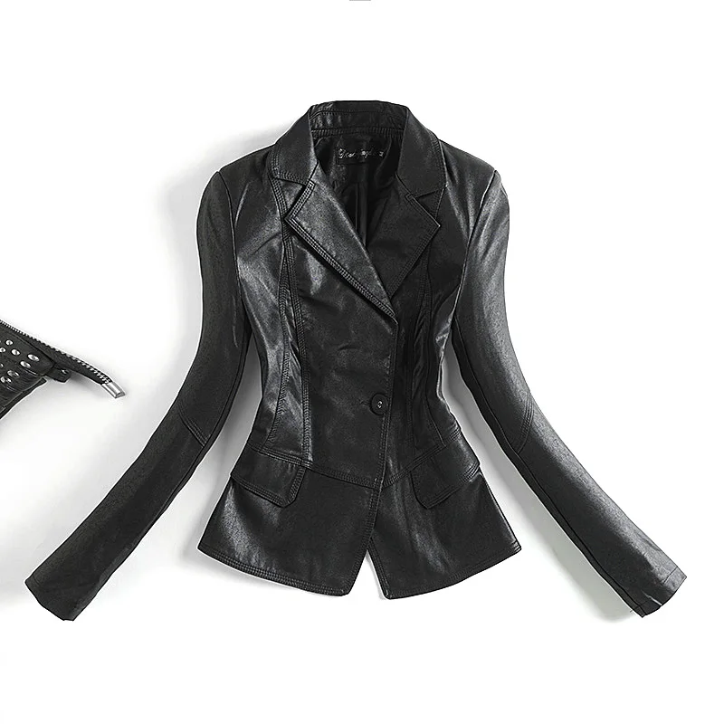 Black Blazer Women Soft Faux Leather Jacket Elegant Pu Leather Slim Fit Blazers and Jackets 2021 Autumn New Tops