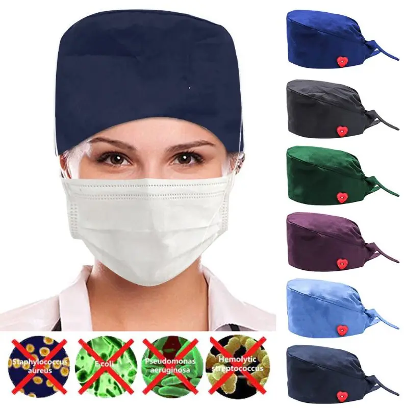 Unisex Women Men Nurse Cap Hospital Doctor Working Hat with Button Adjustable Head Cover