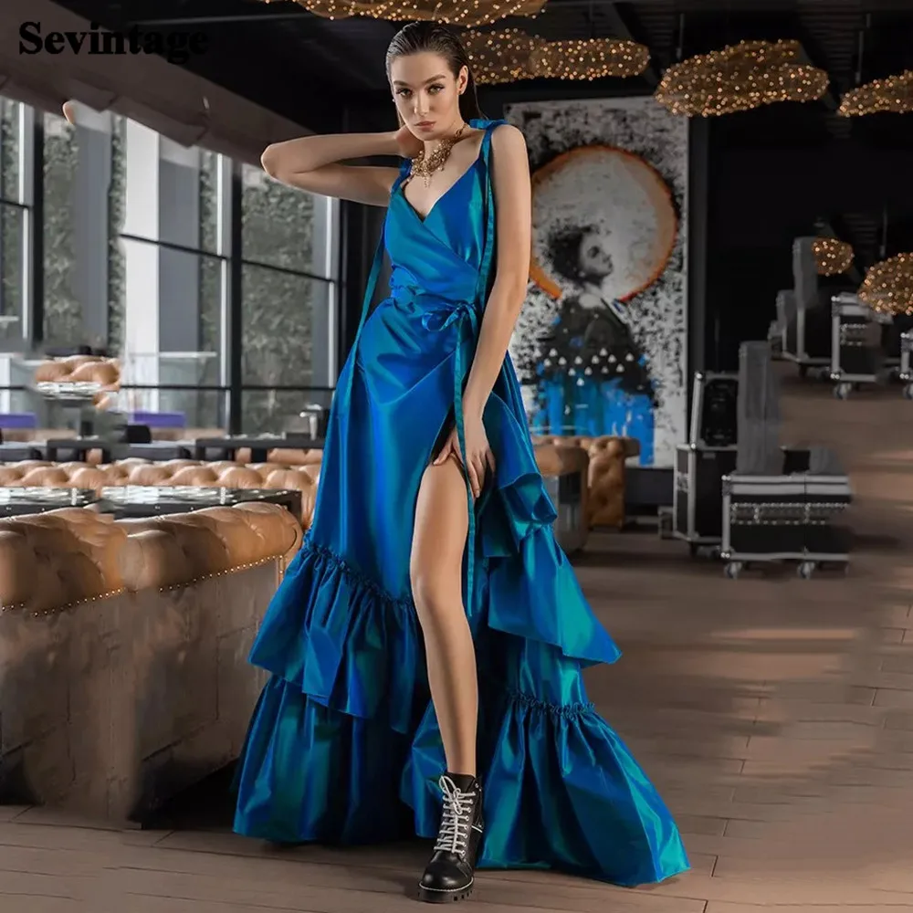 

Sevintage Blue Satin Long Prom Dresses High Slit Evening Gowns Tiered Straps Special Occasion Dress V-Neck Formal Women Wear