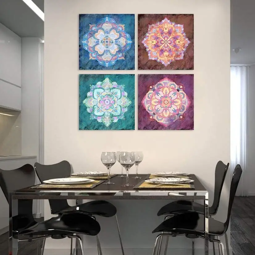 4 Pieces Mandala Vintage Flowers Posters Canvas Wall Art Picture Home Decor Painting for Living Room Bathroom Kitchen Decoration