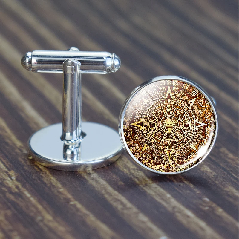ازتيك التقويم أزرار أكمام القديمة المكسيك الفن زجاج قبة أزرار أكمام أفضل الرجال الكفة الروابط