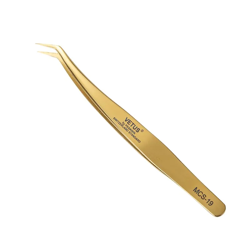 VETUS MCS-19 Eyelash Extension Tweezers Professional Stainless Steel False Eyelash Tweezers Non-magnetic 3D Golden tweezers