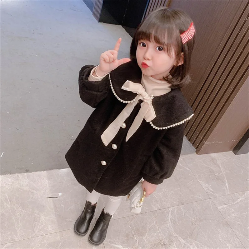 

Girls Woolen Coat Jacket Cotton Outwear 2022 Ribbon Warm Thicken Plus Velvet Winter Teenager Furs School Children's Clothes