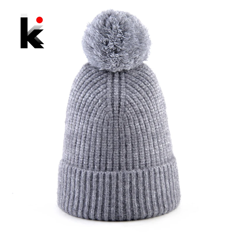 Knitted POMPOM Beanies Winter Warm Knitting Wool Hats Women Solid Color Bonnet Gorras With PomPom Soft Outdoor Ski Skullies Hat