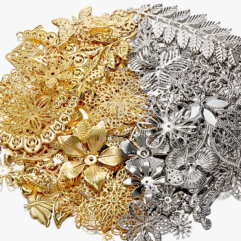 50 g/partia mieszane metalowe liście kwiatów filigranowe okłady złącza wisiorek złote koraliki czapki Charms dla majsterkowiczów tworzenia biżuterii zapasy rzemieślnicze