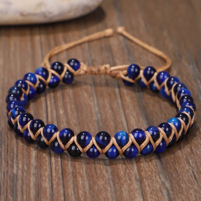 

Handmade Natural Stone Charm Warp Bracelet Blue Tiger Eye Stone Beads String Braided Double Layer Yoga Bracelet Bangle Women Men