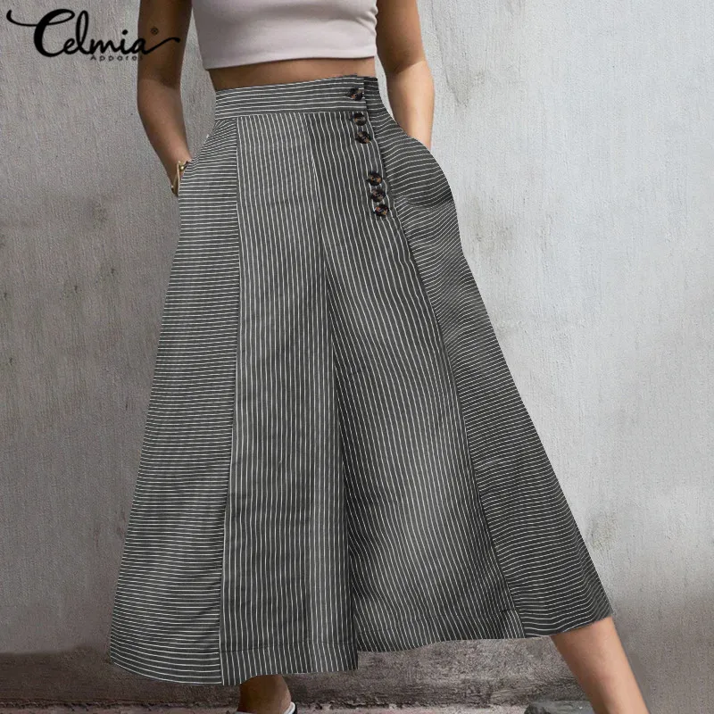 Casual Striped Pants Celmia Women 2023 High Waist Loose Wide Leg Trousers Autumn Office Pockets Buttons Pantalon Femme 