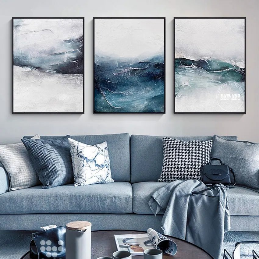 

3PCS Abstract Blue Idea Art Oil Paintings On Canvas China Artwork Modern Wall For Office No Framed Bedroom Decoration Hangings