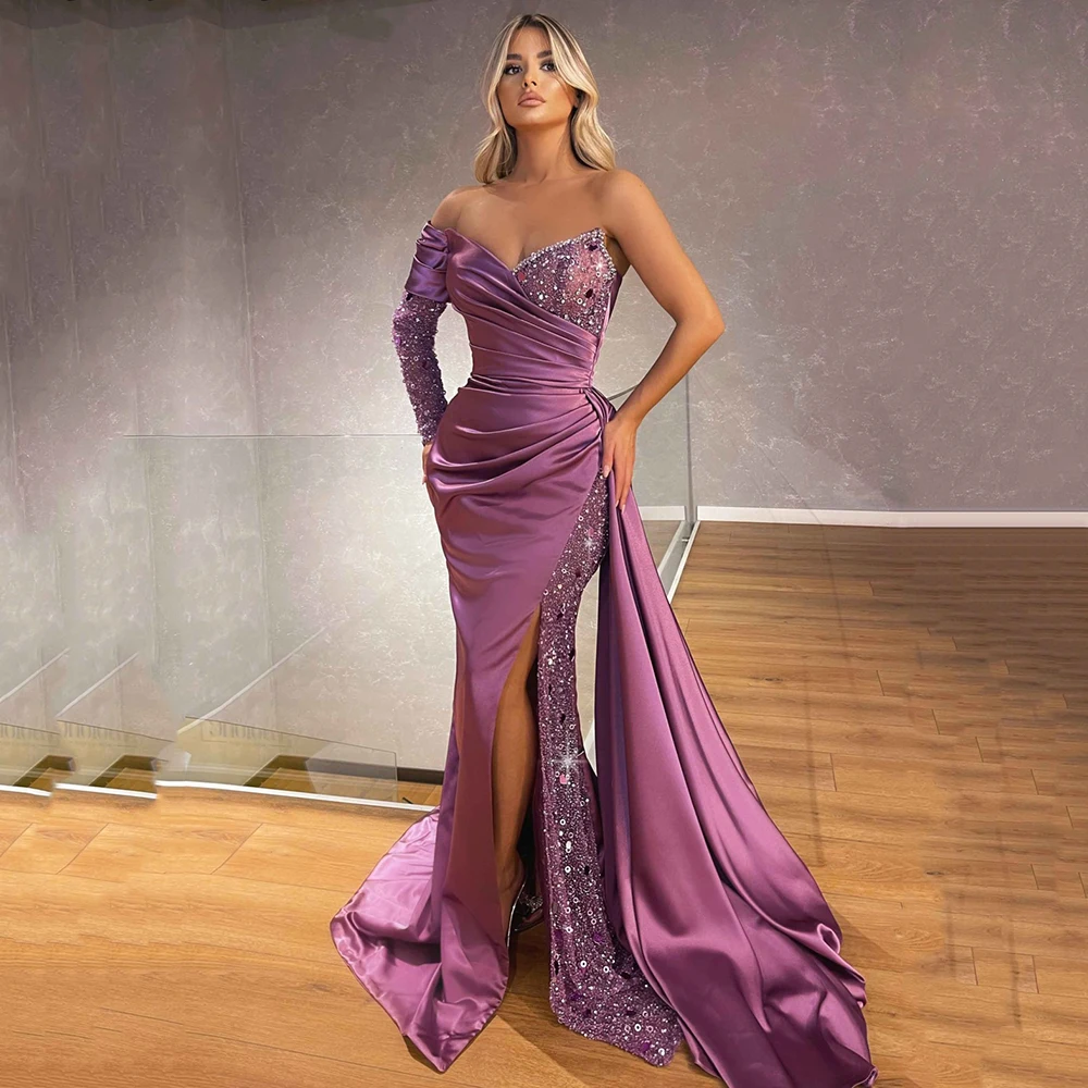 Yipeisha Glitter Sequin Prom Dress with Sleeve Purple Mermaid Evening Gown Side Slit Long Party  2023 Vestido de Festa