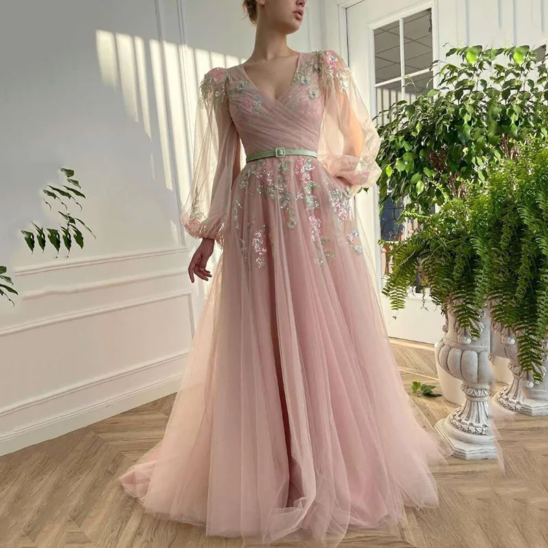 Blush Roze Formele Avondjurken 2021 V-hals Kleurrijke Bloemen Vlinder Sequin Puff Lange Mouwen Prom Speciale Gelegenheid Jurken