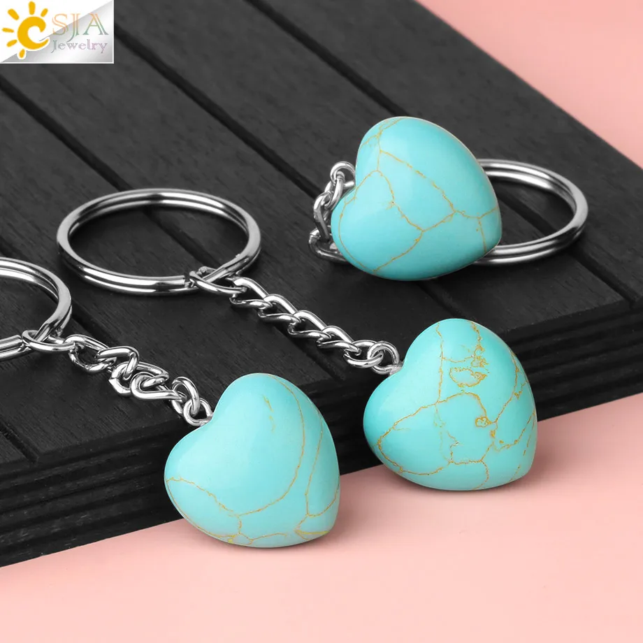 CSJA Heart Keychain Accessories Natural Stone Cute Door Car Keychains for Girls Couple DIY Motorcycle Key Chain Ring Holder G686