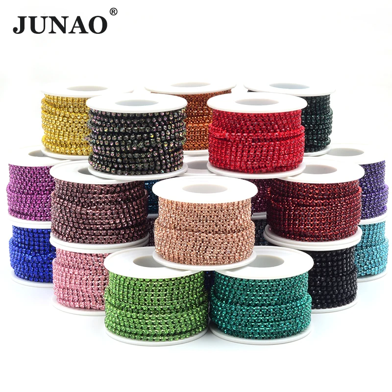 JUNAO 10 Yards/Roll SS6 SS8 SS12 SS16 Glitter Crystal Sewing Rhinestone Chain Colorful Claw Glass Cup Chain Sew On DIY Trimming