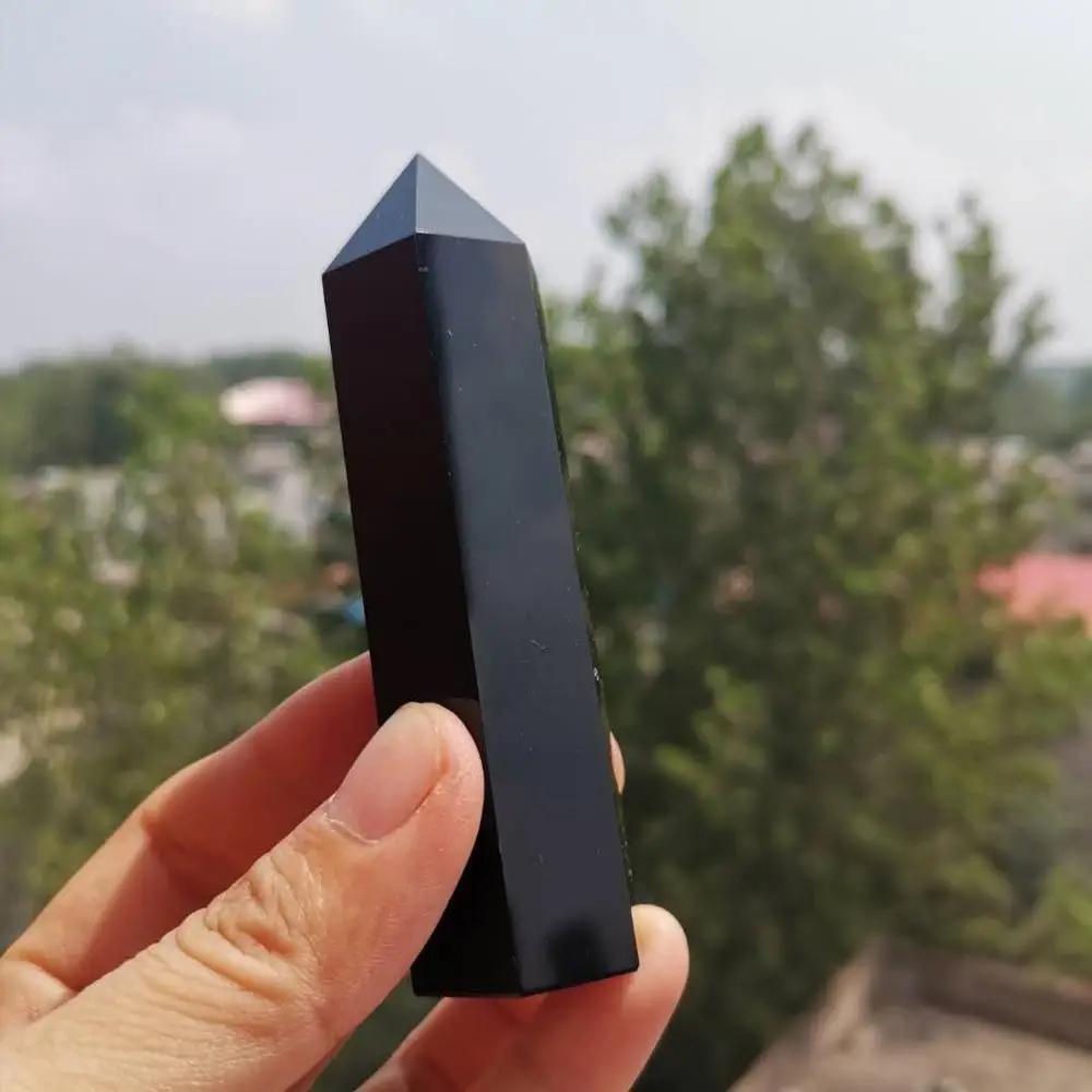 90-100mm Natural Black obsidian wand Healing Crystal Point 6 Faceted Reiki Chakra Stone