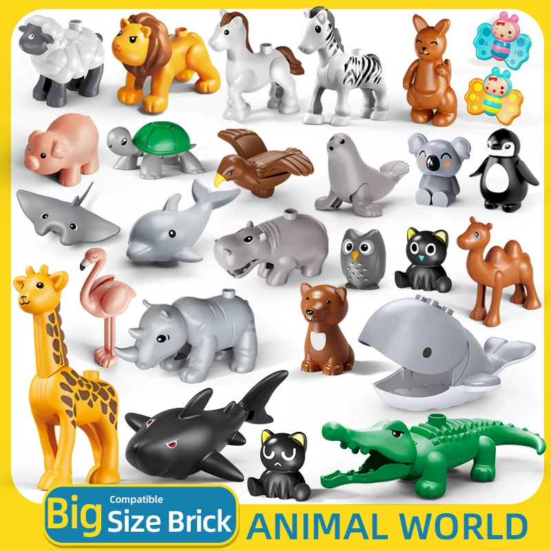 26pcs/set Big Size DIY Building Blocks Animal Accessories Figures Lion Whale Eagle Flamingos Bricks Zoo Toys for Children Gifts