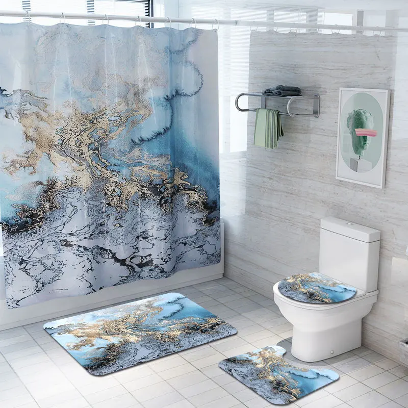 3D Blue Marble Print Shower Curtain 4 Piece Carpet Cover Toilet Cover Bath Mat Pad Set Bathroom Curtain with 12 Hooks Home Decor