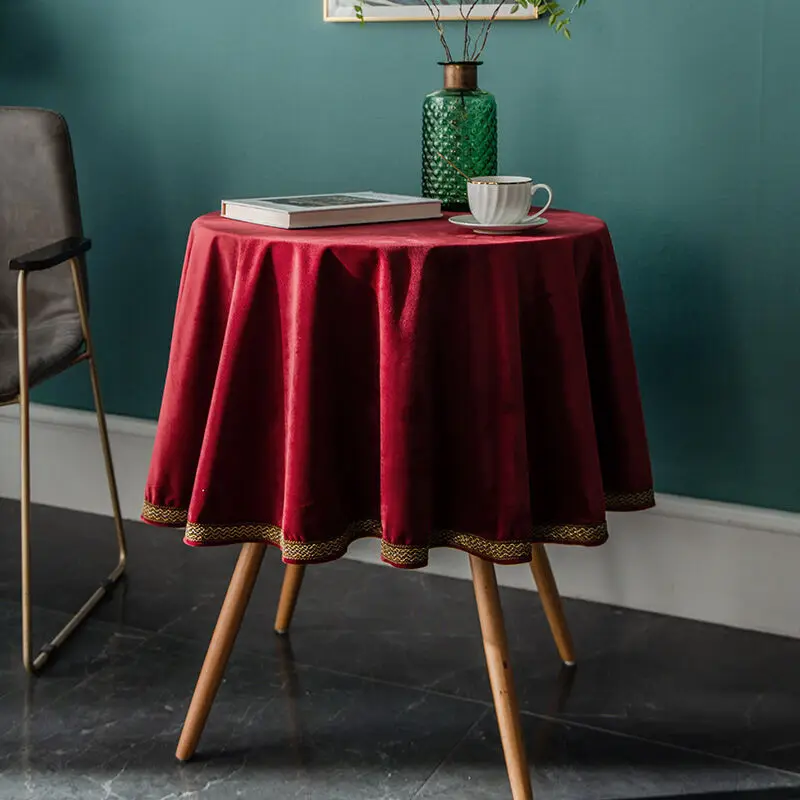 Light Luxury Round Table Cloth,American Gold Velvet Red Wedding Home Pure Color Tea Table Cover