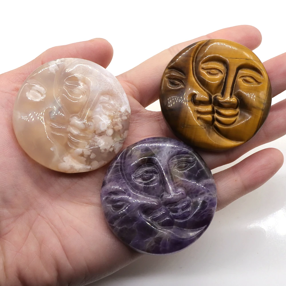 1PC Sun And Moon Face Natural Amethyst Agate Jasper Crystals Healing Hand Carved Plam Gemstone Witchcraft Supplies DIY Necklace