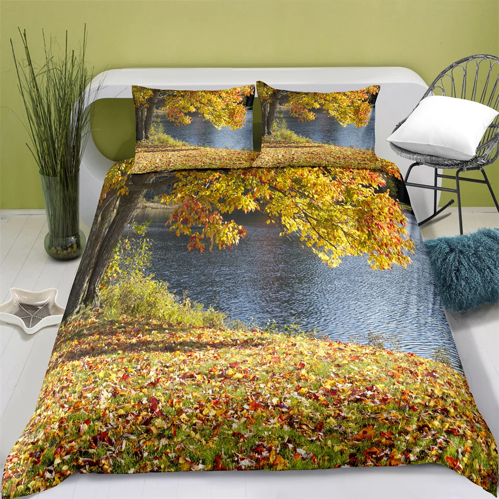 Home Textiles Printed Lake Scenery Bedding Quilt Cover & Pillowcase 2/3PCS US/AE/UE Full Size Queen Bedding Set