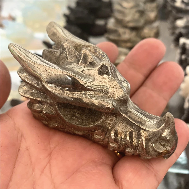 

7cm High Quality Pyrite Crystal Handmade Carved Dragon Head Skull Polished Animal Powerful Statue for Home Decoration Gift