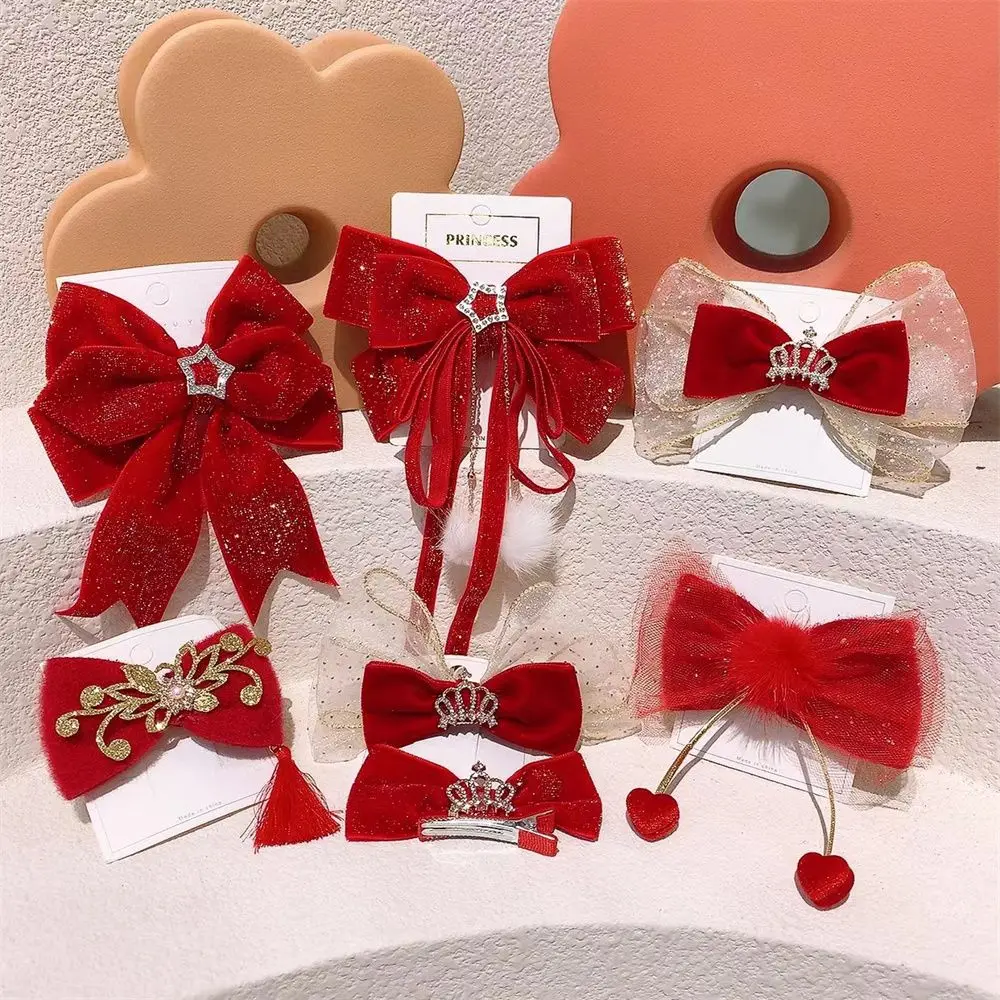 Shiny Hairball Hairpins Ribbon Crystal Red Velvet Hairpins Baby Headwear New Year Hair Clips Girls Hair Accessions