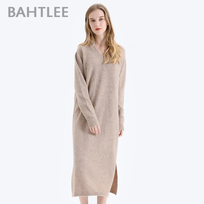 BAHTLEE-Women\'s Yak Velvet Pullover Sweater, Wool Knitted Jumper, Long Sleeves, V-Neck, Loose Style, Autumn, Winter