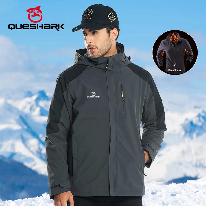 Queshark 3 in 1 Set Men Removable Fleece Jacket Waterproof Windproof Windbreaker Hiking Trekking Camping Cycling Coat