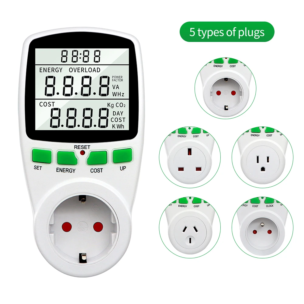 

Power Meter 220V Digital Voltage Wattmeter LCD Electricy Consumption Energy Meter Socket EU FR US UK Plug Power Analyzer