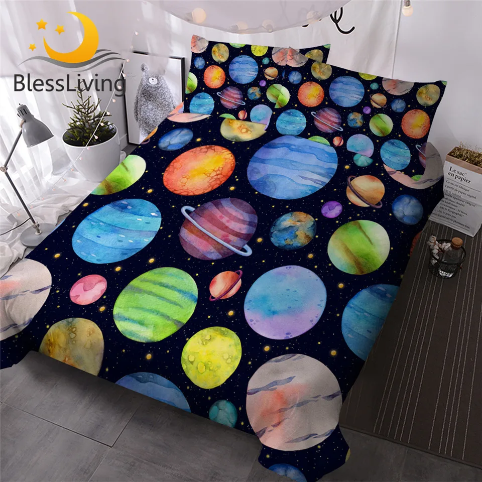 

BlessLiving Colorful Planets Bedding Set Stars Galaxy Duvet Cover Set Watercolor Bedclothes Outer Space Home Textiles Dropship