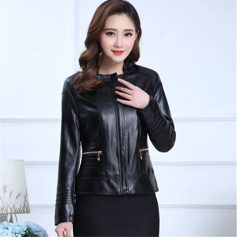 UHYTGF Spring Autumn Leather Jacket Women's Quality PU Leather Short Coat Elegant Washed Leather Loose 6XL Big Size Jacket 323