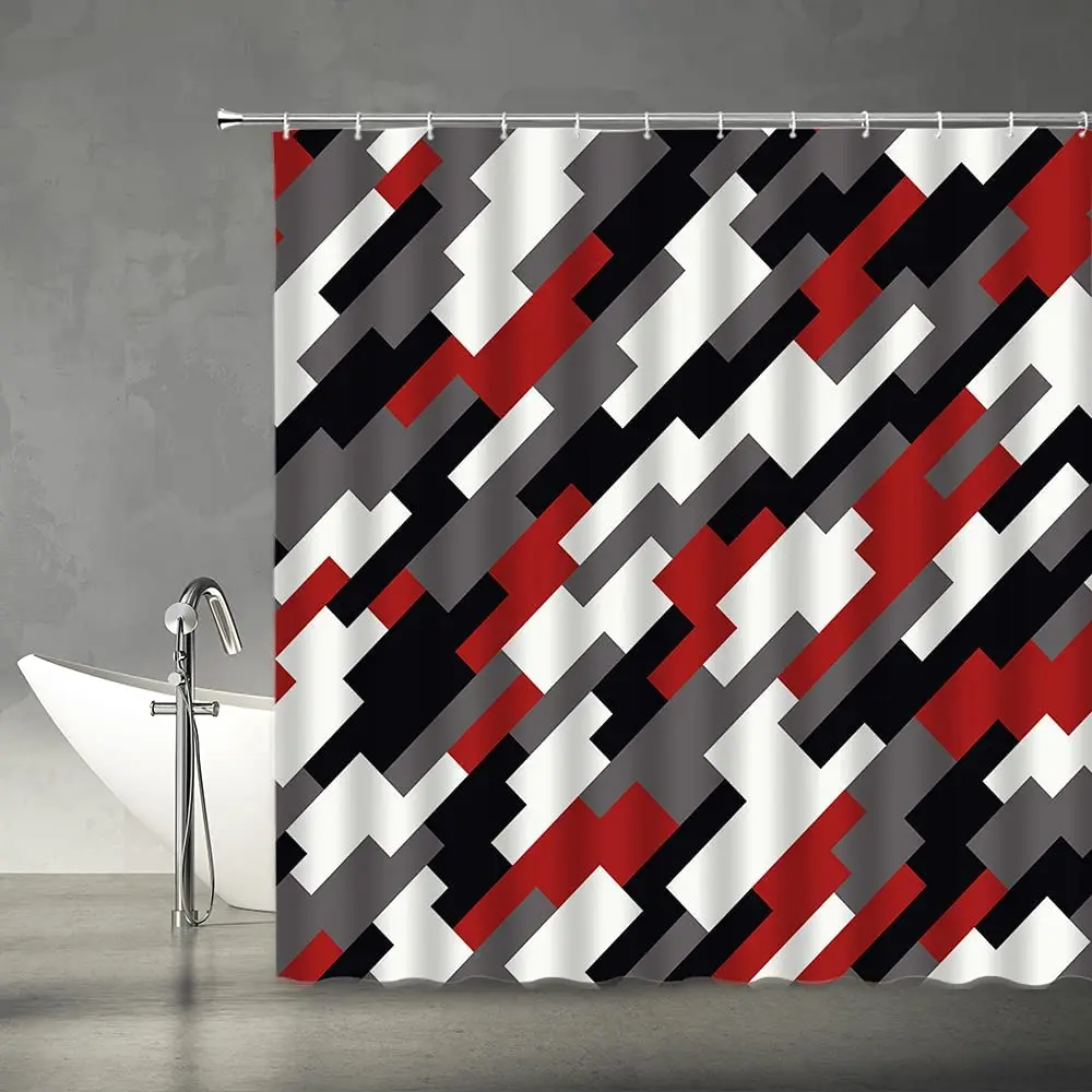 

Geometric Shower Curtains Abstract Black White Gray Red Mid Century Pattern Modern Ombre Art Fabric Bathroom Deco Set with Hooks