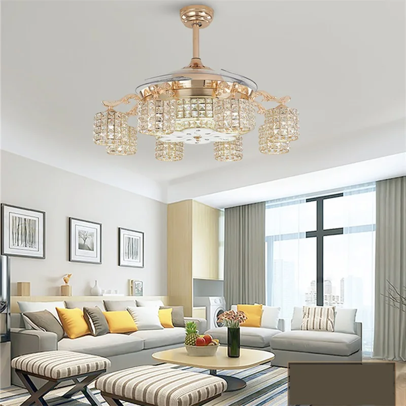 OUFULA New Ceiling Fan Light Invisible Crystal With Remote Control Modern Luxury Gold Lamp For Home