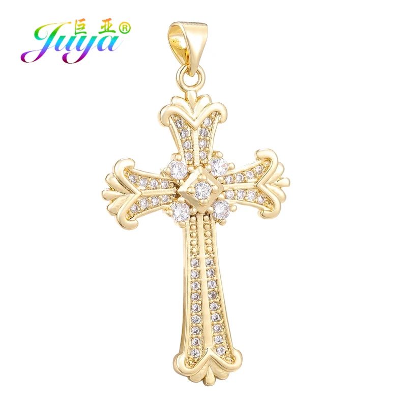 Juya DIY Religious Rosary Jewelry Making Handmade 18K Gold Plated Cz Saint Love Star Moon Fatima Christian Cross Charms Supplies