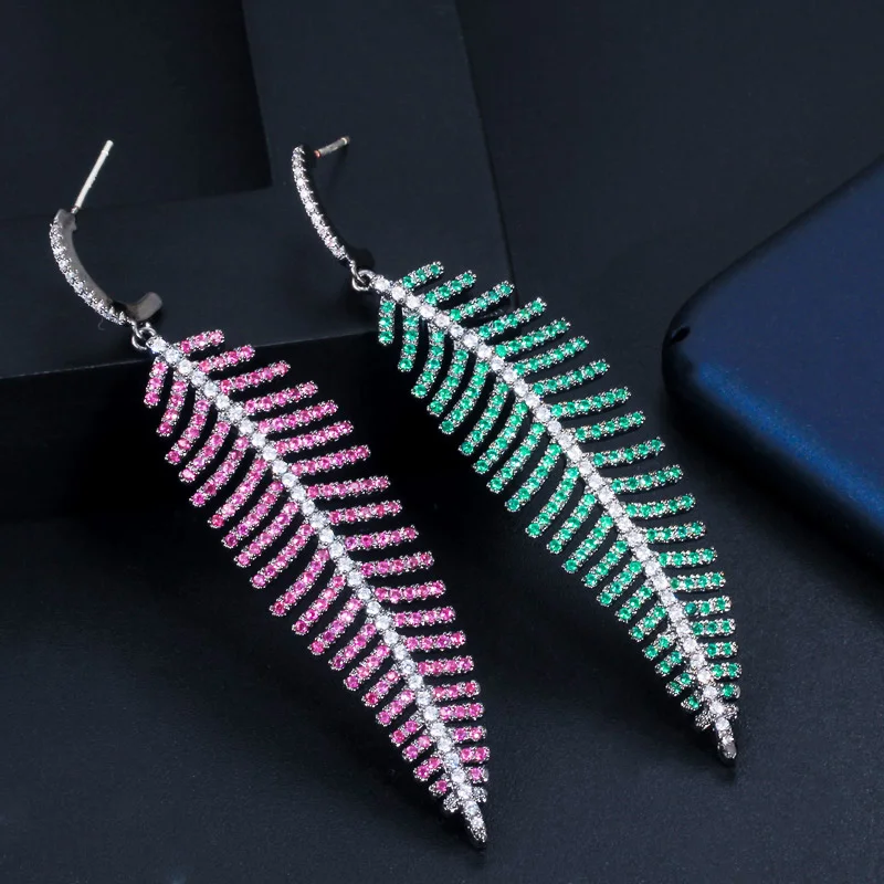 CWWZircons Red Green Cubic Zirconia Long Dangle Drop Leaf Shape Luxury Designer Party Earrings for Women Statement Jewelry CZ595