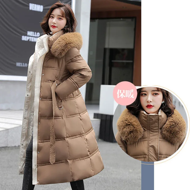 90% White Duck Down Thick Warmth Elegant Hooded Fur Collar Large Size Loose Female Coat 2024 New Women Winter Down Jacket OK1156