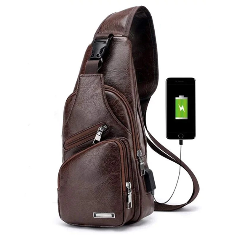 Men's Chest Bag with Charge Port USB Bag Retro Crossbody Pu Leather Vintage Business Bag Pouch for Sport Dark Brown