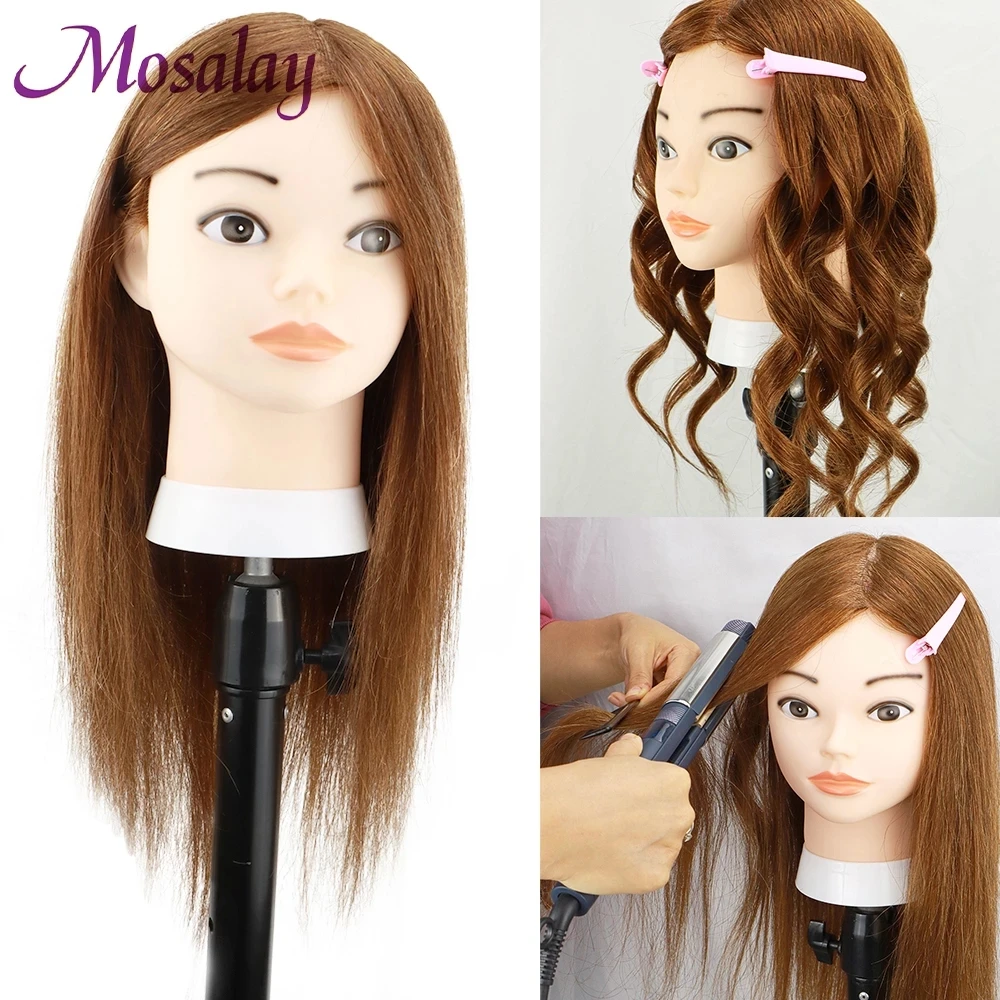 Doll Mannequin Head With 100% Human Hair Training Head For Learner Hairdressers Practice  Dye Bleach Curl Iron Braid Cut Hair