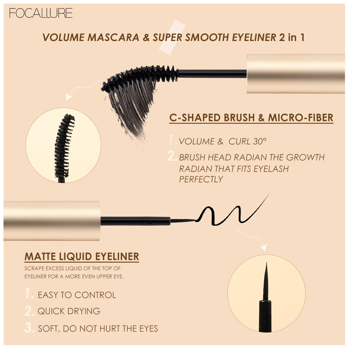 FOCALLURE 2 In 1 Waterproof Black Mascara Eyelash Lengthening Curling Eyes Eyelash Extension Eyeliner Enchancer Makeup Cosmetics