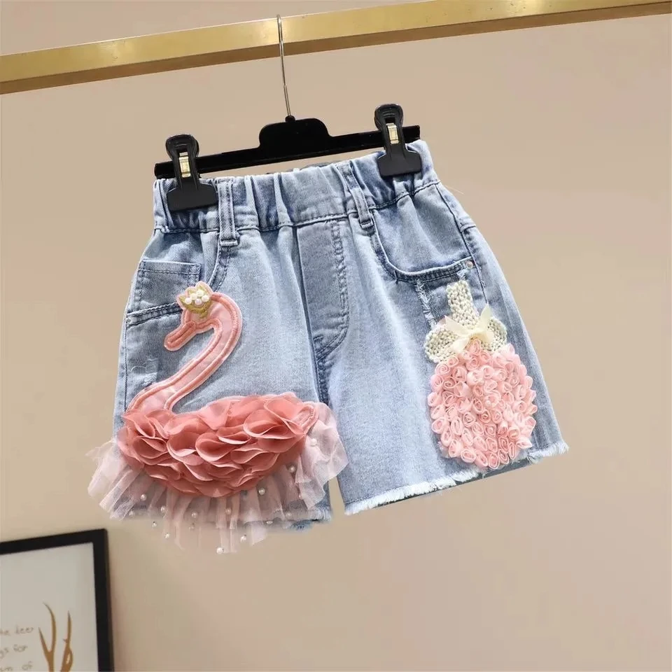 

3-11Y Girl Denim Shorts 2023 Summer New Embroidery Flowers Grls Outer Pants Teenager Shorts Kids Baby Shorts