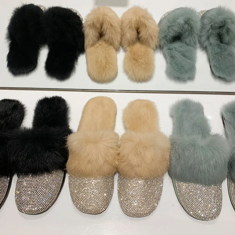 ladies Round Toe Designer Shoes Women Luxury 2020 Rhinestone Fur Crystal Slippers Diamond Mules Slip On Slippers Flats Shoes