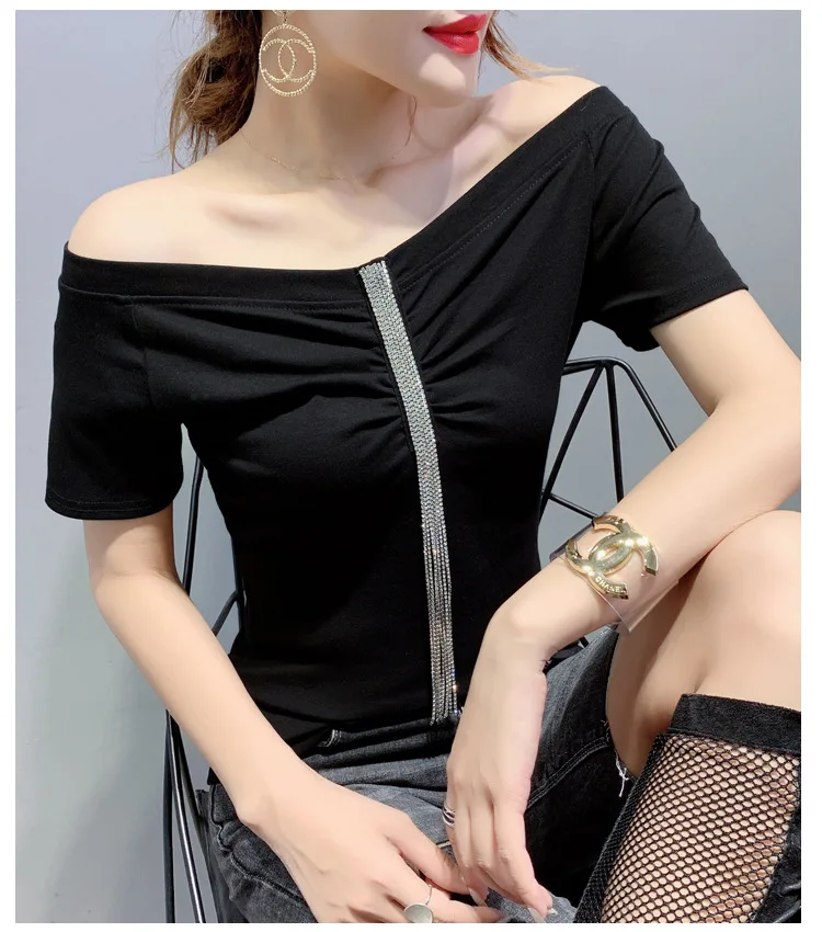 

Chic Fashion Diamonds Tassel Womens Sexy Slash Neck Tees Top Off The Shoulder Short Sleeve Slim Fit Ladies T-Shirts