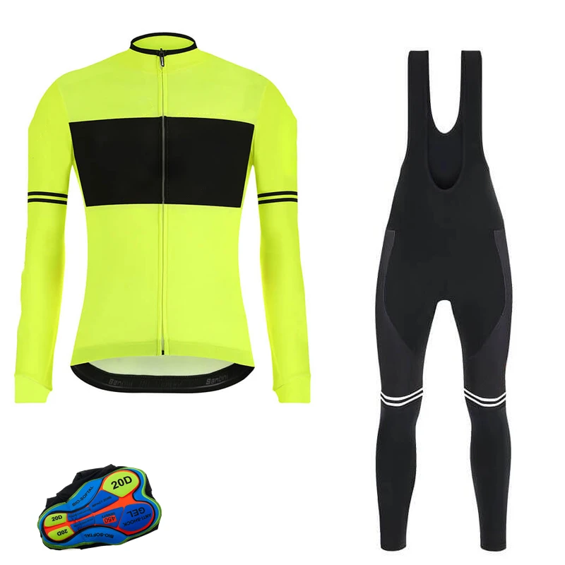 

Triathlon Road Bike Bicycle Spring Autumn Polyester Long Sleeve Cycling Jersey Set Men's Top and Bottom Bib Trousers Kit