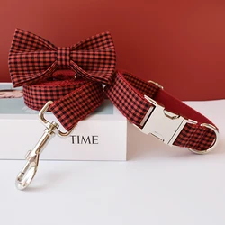 Free Engrave Bow Dog Collar Labrador Bull Bowknot Pet Collar Leash Straps Adjustable Buckle Accessories French Grid 04