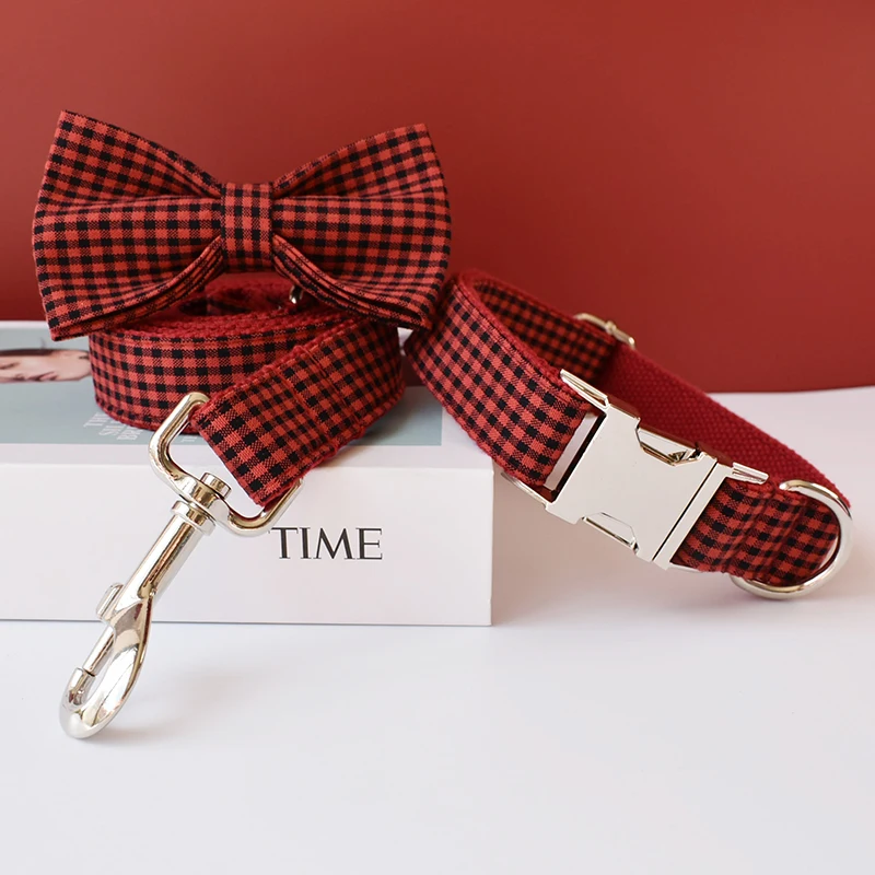 Free Engrave Bow Dog Collar Labrador Bull Bowknot Pet Collar Leash Straps Adjustable Buckle Accessories French Grid 04