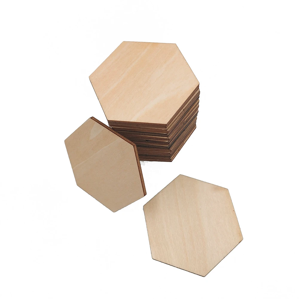 10-60mm Unfinished Wood Cutout Shapes Hexagon Shape Wooden Slices Blank Name Tags Gift Tags for Party Wedding Home Decoration