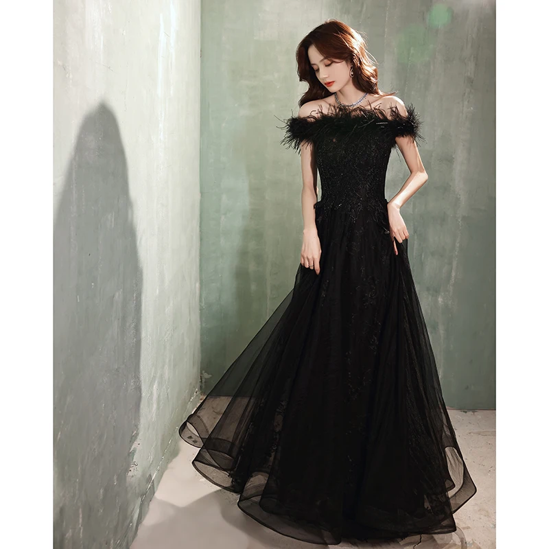 Off The Shoulder Evening Dress New Black Feather Mesh Slim Banquet Party Dress Elegant Long Formal Gowns Robe De Soiree