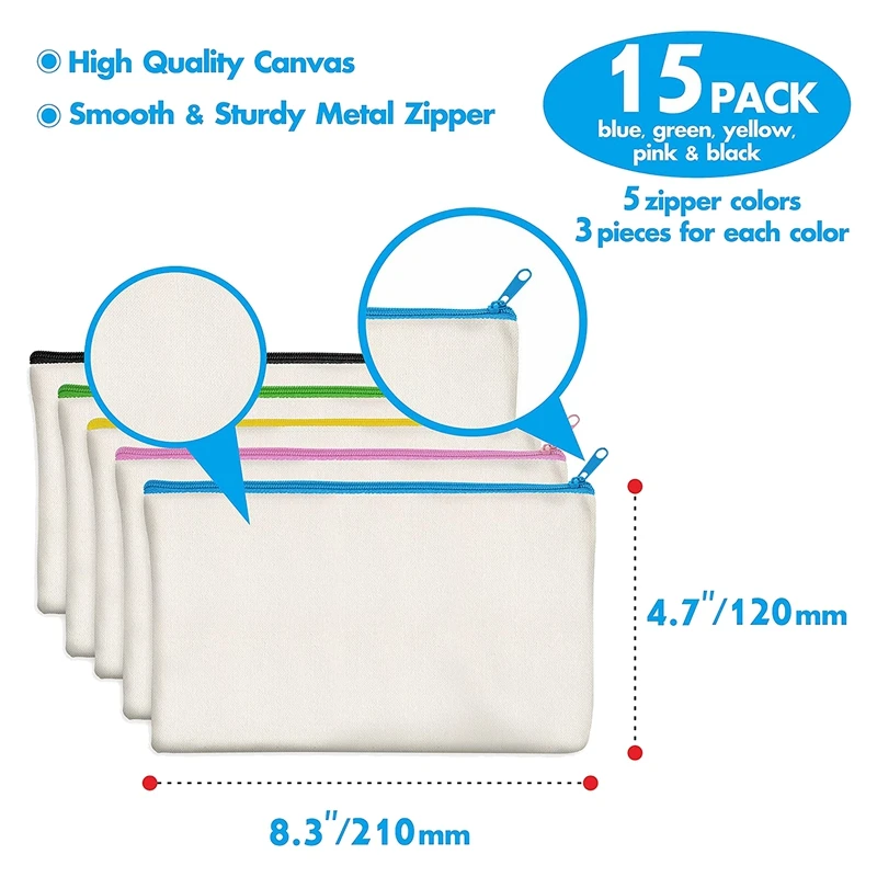 15 Pack Blank Cotton Canvas DIY Craft Zipper Bags Pouches Pencil Case For Makeup Cosmetic Toiletry Stationary Storage