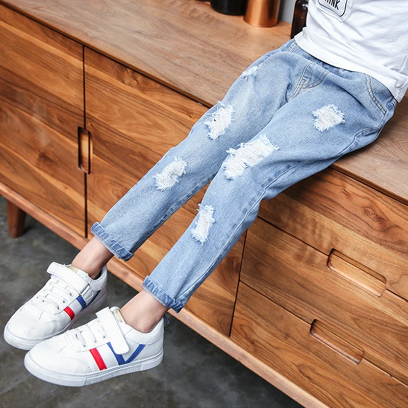 Spring Autumn Teenager Ripped Denim Pants Children Trousers Fashion Kids Hole Pants Casual Boy Girls Jeans 3-12 Year Kid Clothes