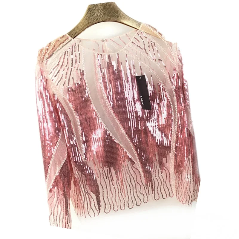 여성용 긴팔 자수 스팽글 비즈 블라우스, 쉬어 레이스 메쉬 블라우스, 섹시한 바디 탑, 여성 셔츠, 여름