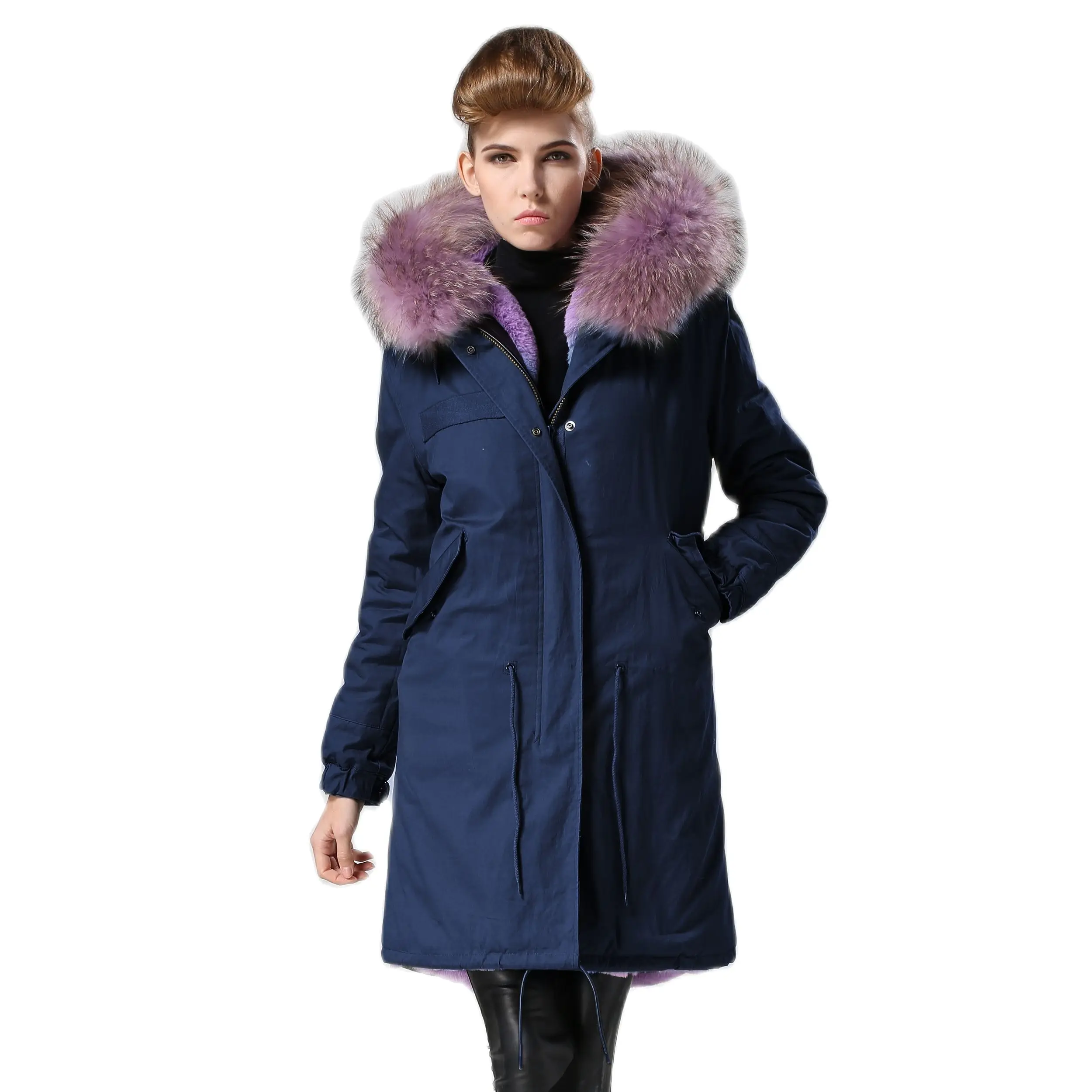 Fashion Nice Ladies Light Purple Fur Lined Coat Women Winter Long Fur Parka With Round Fur Collar Trim