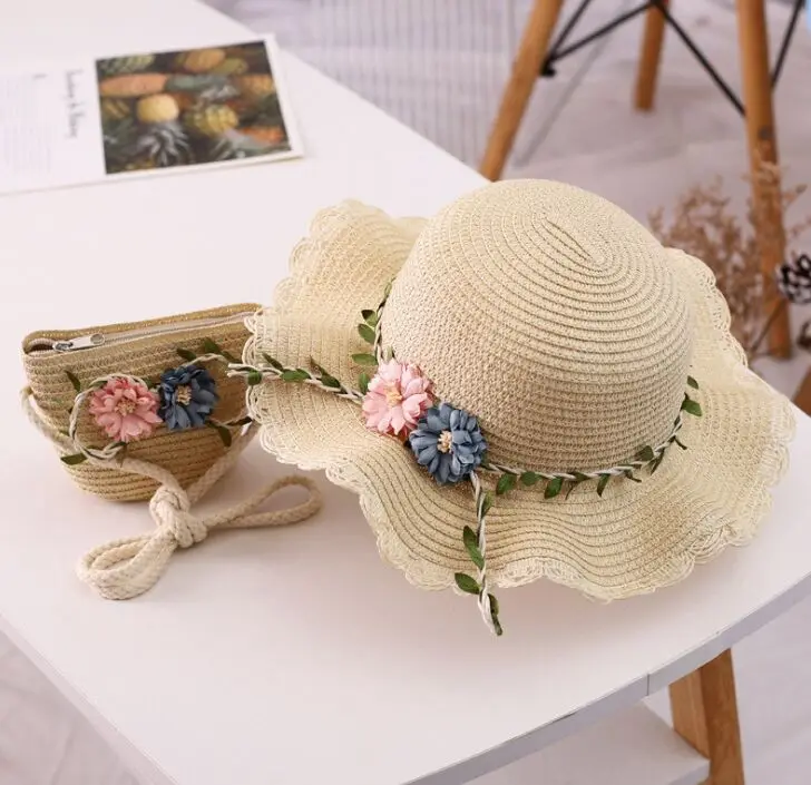 Children straw hat + shoulder bag Tote bags Summer kids girl baby 2pcs a set cute floral sun hat bucket hat Gorros